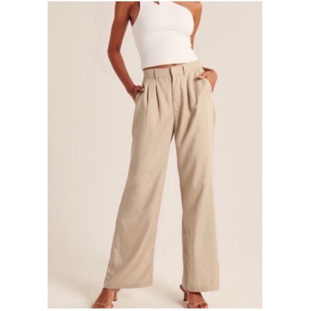 Abercrombie & Fitch Sloane High Rise Pleated Wide Leg Trouser Pant Beige 34